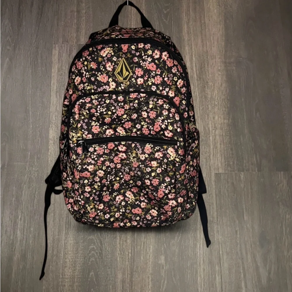 Volcom Floral Backpack Black Pink Print Multi Pocket NWOT